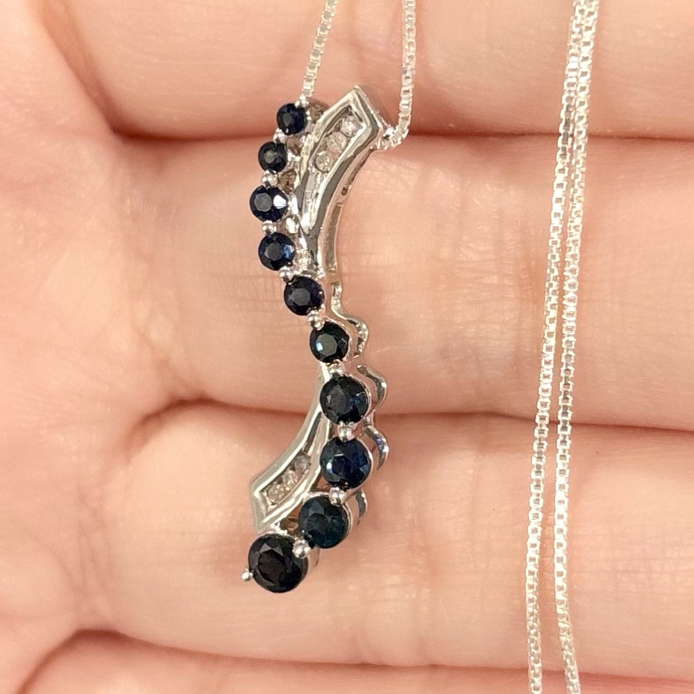 10K Sapphire Diamond Journey channel swirl natural dark blue white gold pendant